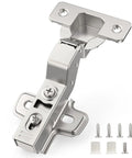 Twenty Pack Inset Cabinet Hinges Featuring Smooth Soft Close Action And Frameless Design For Quick No Sweat Installation Heavy Duty Metal Construction With Included Mounting Screws And Wood Dowels. Close-up of a single hinge with mounting screws.