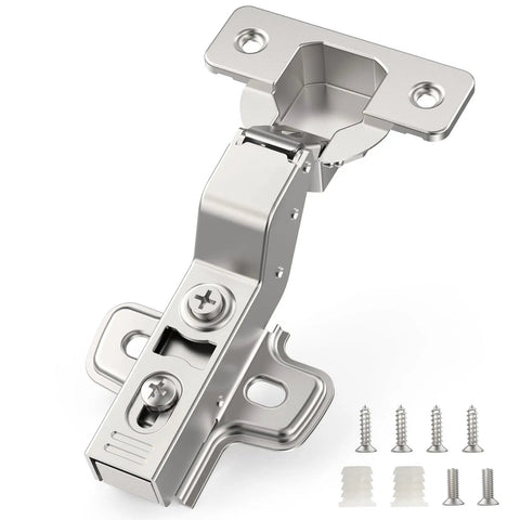 Twenty Pack Inset Cabinet Hinges Featuring Smooth Soft Close Action And Frameless Design For Quick No Sweat Installation Heavy Duty Metal Construction With Included Mounting Screws And Wood Dowels. Close-up of a single hinge with mounting screws.