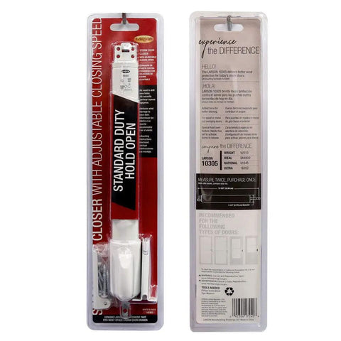 No Sweat Storm Door Closer With Adjustable Piston Hold Open Kit in packaging, suitable for wood, metal, or vinyl entry doors.