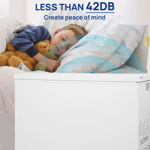 Roomy 14 Cubic Foot Top Load Chest Freezer With Drop Dead Cold Seven Level Temp Dial And Zero Hassle Energy Savings features quiet operation.
