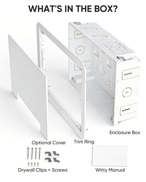 Stress Free Install Recessed Tv Media Box Featuring Wifi Friendly Cable Routing Compatible With Roku Apple Fire Stick And Samsung contents including enclosure box and trim ring.