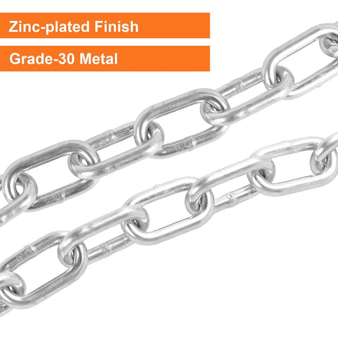 Close-up of 2 Pack 3 By 16 Inch Grade 30 Steel Boat Trailer Safety Chain With Spring Clip Hooks Universal Fit, zinc-plated finish, metal links
