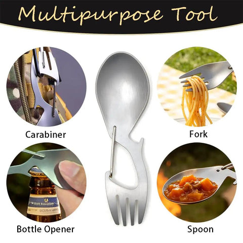 4 In 1 Stainless Steel Spoon Fork With Carabiner And Bottle Opener, Lightweight Survival Tool For Camping, multipurpose uses