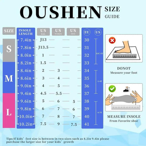 OUSHEN Size Guide showing size comparison charts for US, EU, and UK kids' shoe sizes.