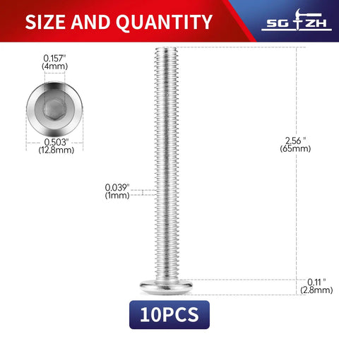 Ten Pack Of M6 X 65mm Flat Head Hex Socket Cap Screws In 304 Stainless Steel with size measurements and details.