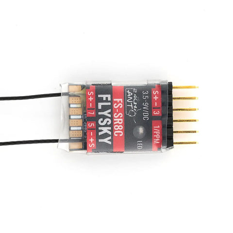 2.4GHz ANT Protocol 8CH RC Receiver With Dual Antennas Rock Solid Two Way Link PWM Outputs For Great Control Compatible With Flysky FS-ST8 Transmitter Perfect For RC Airplanes And Robots, top view showing dual antennas and connectors.