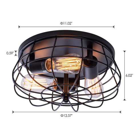 Industrial Black Semi Flush Mount Ceiling Light Three Light Rustic Ceiling Lamp Fixture With Metal Cage for interior decor