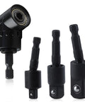Go-To Flexible Drill Bit Extension Set With Right Angle Attachment 360 Degree Rotatable Includes One Quarter Inch One Three Eighths Inch One Half Inch Hex Shank Socket Adapters For Power Drill Driver Cordless Drill And Screwdriver, showing attachments and adapters