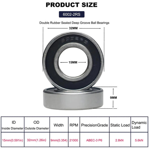 Go-To Budget-Friendly 10 Pack 6002-2RS Double Rubber Sealed Deep Groove Ball Bearings 15x32x9mm pre-lubricated size chart