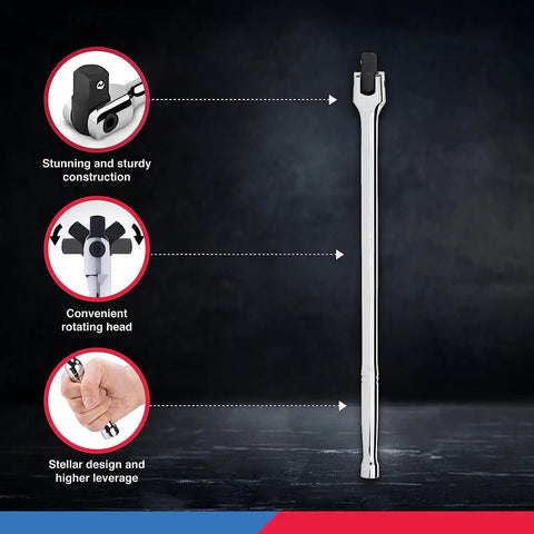 Beefy Half Inch Drive Extension Breaker Bar With 15 Inch Length Rotating Flex Head Chrome Vanadium Steel Build Drop Forged Heavy Duty Long Reach Torque Tool For Any Tough Job displayed with focus on flex head and handle details.