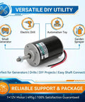 High Torque 12V DC Brushed Motor, 30W, 3500RPM, Reversible CW CCW shown with usage icons for DIY projects