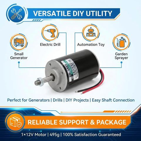 High Torque 12V DC Brushed Motor, 30W, 3500RPM, Reversible CW CCW shown with usage icons for DIY projects