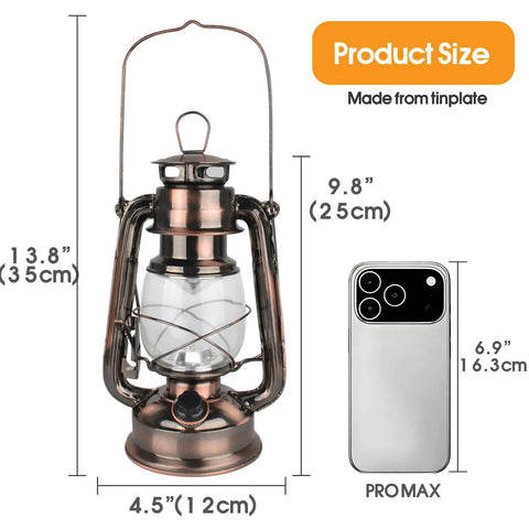 Go Anywhere Retro Vibe Battery Powered LED Hurricane Lantern Copper Finish next to smartphone for size comparison