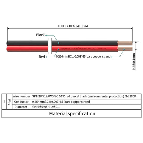 Diagram of Go To Direct Burial Low Voltage Landscape Lighting Wire, 12 AWG 2 Conductor, Copper Red Black, 100 Feet