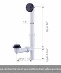 No Fuss Matte Black Tub Drain Kit With Overflow Tube Fitting Every Bathtub showing adjustable 1-1/2 inch diameter with depth measurements.