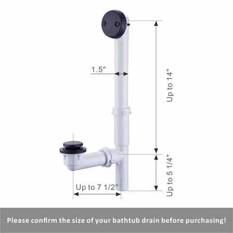 No Fuss Matte Black Tub Drain Kit With Overflow Tube Fitting Every Bathtub showing adjustable 1-1/2 inch diameter with depth measurements.