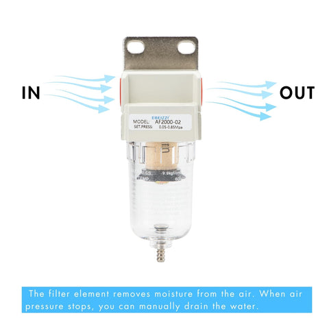 One Quarter Inch NPT Air Dryer for Compressor Pro Grade with Five Micron Brass Filter Element Poly Bowl Bracket and Semi Auto Drain