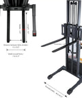 Powerful 3300 Lb Capacity Electric Pallet Stacker With Drive And Lift Features Adjustable Forks dimensions showing width, length, and thickness.