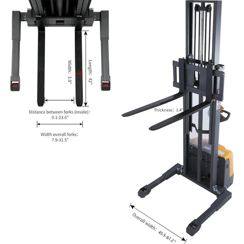 Powerful 3300 Lb Capacity Electric Pallet Stacker With Drive And Lift Features Adjustable Forks dimensions showing width, length, and thickness.