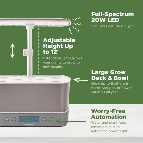 Harvest Elite Indoor Garden Hydroponic System With LED Grow Light And Seed Kit showing features like full-spectrum LED and grow capacity.