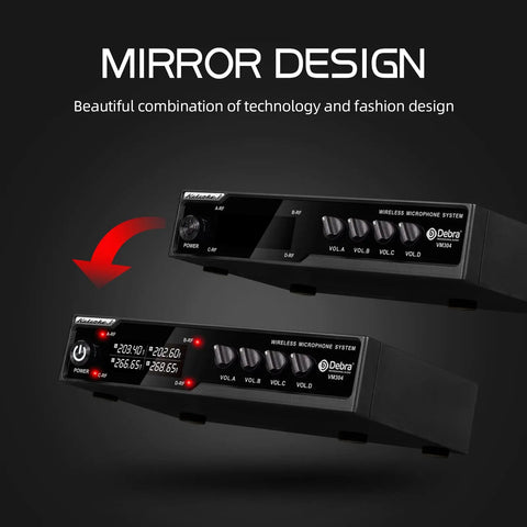 Close-up of VM304 VHF Wireless Microphone System receiver with mirror design, ideal for home karaoke, weddings, conferences.