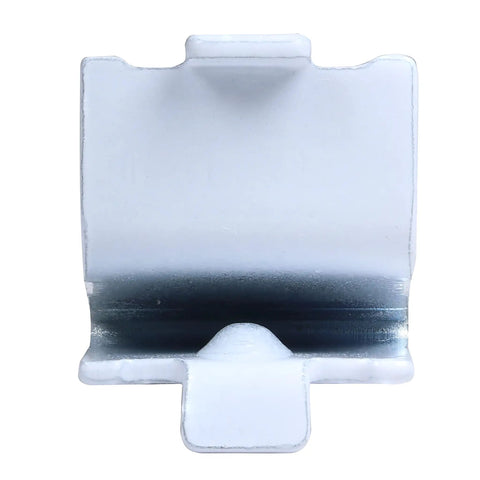 Close-up of white steel clip from a 20 Pack Adjustable White Steel Pilaster Shelf Support Clips For 255 Series Pilasters.