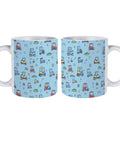 Heavy Duty Ceramic Travel Coffee Mug Featuring A Stylish Golf Cart Design Perfect For Grabbing Your Daily Grind In The Kitchen Or Office Solid Build Tea Cup For Smooth Sips, blue background.