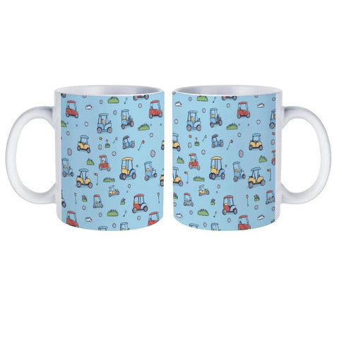 Heavy Duty Ceramic Travel Coffee Mug Featuring A Stylish Golf Cart Design Perfect For Grabbing Your Daily Grind In The Kitchen Or Office Solid Build Tea Cup For Smooth Sips, blue background.