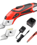 Totally Rad Toolspace Cordless Electric Scissors With Dual Blades For Cutting Cardboard And Fabric Featuring 4V Lithium-Ion Battery, Lightweight Design, Fast Charging, And Easy Carry Portability To Boost Your Crafting Game, displayed with charger and cutting heads.
