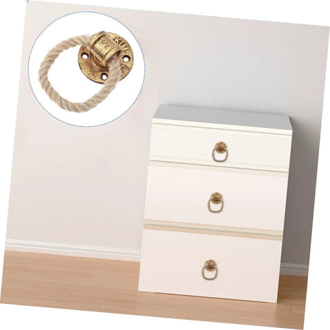Drawer with Rustic Rope Drawer Pull Handle In Black Metal For Cabinets And Dressers, Twisted Jute Rope Cupboard Ring Knob