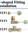 Installation steps for a T-shaped fitting, showing brass construction with clear tubing. Kick The Dust And Blast Off Garage Grit With This Ultra Durable Air Blower Gun Kit Featuring A 16 Foot Pneumatic Hose And Secure Quarter Inch Fittings.