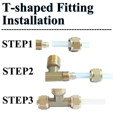 Installation steps for a T-shaped fitting, showing brass construction with clear tubing. Kick The Dust And Blast Off Garage Grit With This Ultra Durable Air Blower Gun Kit Featuring A 16 Foot Pneumatic Hose And Secure Quarter Inch Fittings.