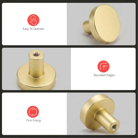 Gold Round Cabinet Knobs 25 Pack Aluminum Alloy Handles for Kitchen Cabinets Cupboards and Desks, showcasing smooth rounded edges.