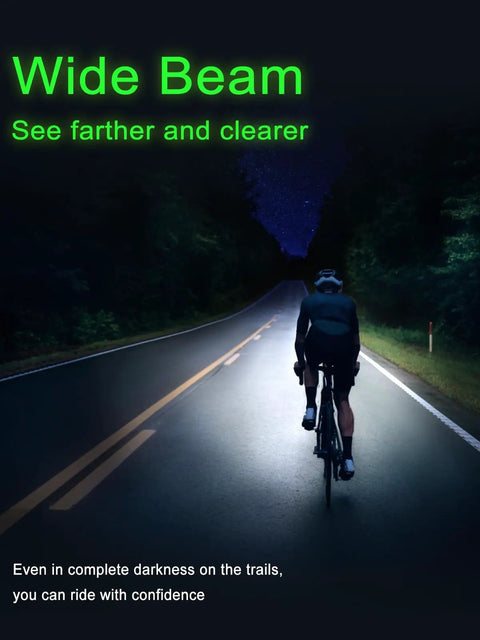 Cyclist riding with Ultra Bright Rechargeable Bike Light CL1000 for Night Rides, illuminating path with wide beam