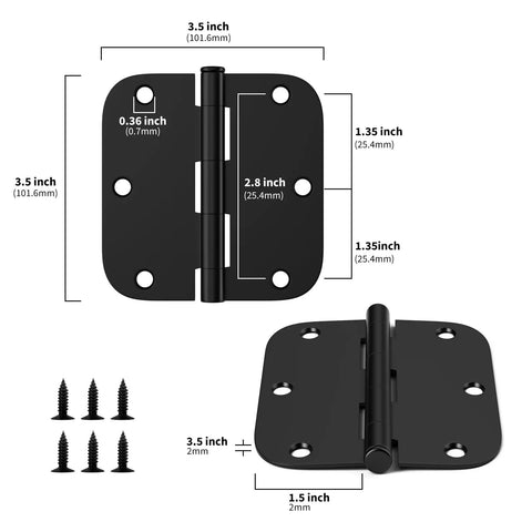 Matte Black 3.5 Inch Door Hinges For Interior Doors With Rounded Five Eighths Inch Radius Corners, Durable And Quiet Residential Hinges, 48 Pack With 288 Matching Screws For Easy Install