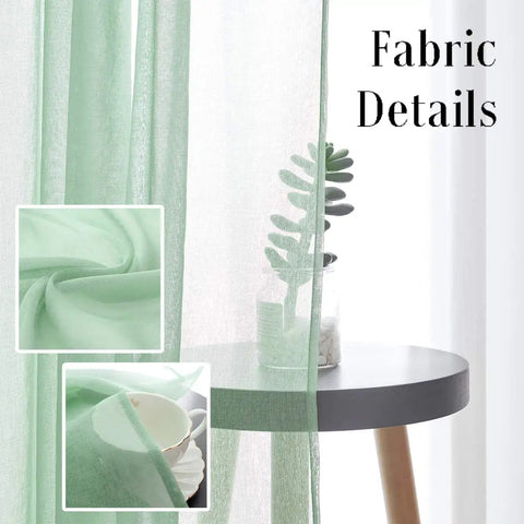 Close-up of mint green Christmas Green Semi Sheer Curtains With Linen Look Light Filtering Rod Pocket Panels hanging by a small table.