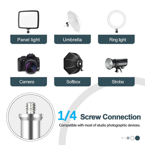 Diagram showing 1/4 screw connection compatibility of Two Pack 7 Ft Light Stands For Photography And Video with camera and lighting devices.