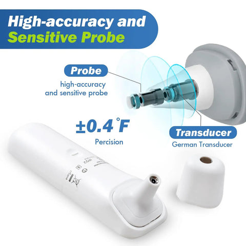 Kid Friendly Forehead And Ear Thermometer With No Contact 1 Second Reading For Kids And Adults Fever Alarm Mute Mode LCD Display Touchless Scan For Babies Toddlers And Family, white probe close-up