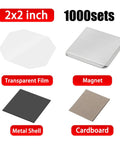 DIY Photo Fridge Magnet Supplies Kit, Square Magnetic Maker Set, 2x2 inch materials, 1000 sets, transparent film, metal shell, cardboard