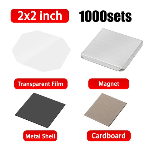 DIY Photo Fridge Magnet Supplies Kit, Square Magnetic Maker Set, 2x2 inch materials, 1000 sets, transparent film, metal shell, cardboard