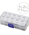 120 Piece E Clip Circlip Assortment Kit with 304 Stainless Steel Retaining Rings, 12 Sizes from 1.5mm to 10mm, in plastic box