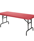 Heavy Duty Adjustable Height Folding Table For Pro Events Built Tough 6 Foot Premium Industrial Table with red top and steel frame.