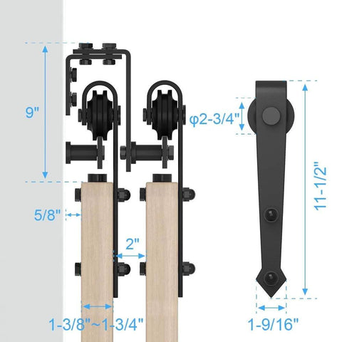 Double Track Bypass Sliding Barn Door Hardware Kit for Two Doors, Low Ceiling Design shown with arrow shaped hangers and measurements