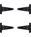 Set of 4 black metal hinges arranged face-up showing product design for 6 Inch T Strap Shed Door Hinges Heavy Duty Black Powder Coated Set Of 6 For Wooden Fences Gates Barn Doors Built Tough Rustproof And Weather Resistant And Easy Install For Outdoor Use With Superior Rustproof Hardware