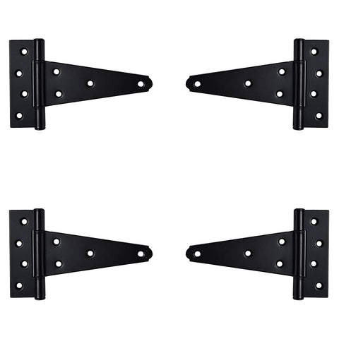 Set of 4 black metal hinges arranged face-up showing product design for 6 Inch T Strap Shed Door Hinges Heavy Duty Black Powder Coated Set Of 6 For Wooden Fences Gates Barn Doors Built Tough Rustproof And Weather Resistant And Easy Install For Outdoor Use With Superior Rustproof Hardware