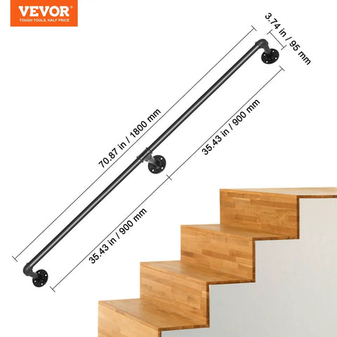 Rock Solid Six Foot Carbon Steel Staircase Handrail With Heavy Duty Wall Mounts Job Site Grade Industrial Pipe Railing supports stairs.