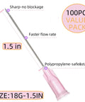 Top Shelf 100 Pack Sterile Disposable 18 Gauge One And A Half Inch Luer Lock Syringe Tips showing 1.5-inch length and polypropylene safety.