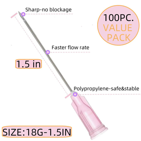 Top Shelf 100 Pack Sterile Disposable 18 Gauge One And A Half Inch Luer Lock Syringe Tips showing 1.5-inch length and polypropylene safety.