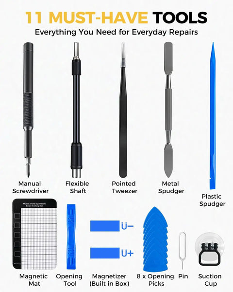 11 essential tools included in 160 In 1 Mini Electric Cordless Screwdriver Kit With 140 S2 Magnetic Bits Five Torque Settings