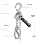 Diagram of Mini Lever Chain Hoist 1100Lbs 0.5T With 10 Ft Lift Aluminum Alloy Come Along G80 Chain showing hooks and components.